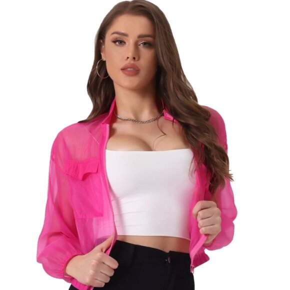 Madelyn Jackets & Blazers - Madelyn Hot Pink Sheer Mesh Zip-Up Bomber Jacket – Size Large | NWOT Lightweight